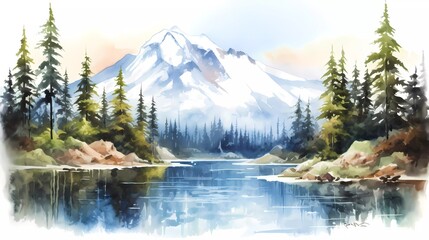 watercolor painting of colorful mountain landscape isolated on white background. Snowy mountain peak with lake and cypress trees. generative ai - obrazy, fototapety, plakaty