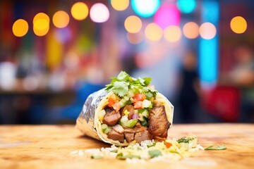 authentic street-style burrito on foil, fiery salsa in the background - obrazy, fototapety, plakaty