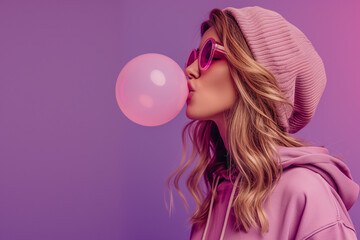 girl with chewing gum on a purple background with glasses. , Stylish pretty young 20s fashion teen girl model wear glasses blowing bubble gum winking looking at camera stand at purple studio backgroun - obrazy, fototapety, plakaty