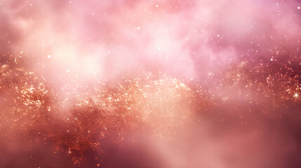 Pink spotlights through smoke and gold sparkles. Abstract background