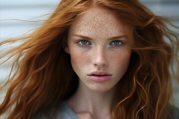 Captivating Portrait of a Graceful Ginger Haired Woman against a Subtle Gray Backdrop