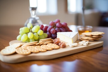 brie, grapes, and crackers array on a wooden board