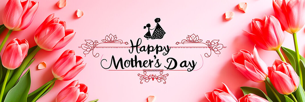 Mother's Day image of mother and daughter silhouette on pink flowers.