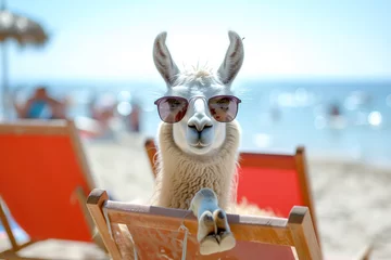 Küchenrückwand glas motiv llama in sunglasses take a selfie on the beach. Beach holiday, vacation concept. Funny alpaca in a beach hat resting on the beach in summer close-up. Cute alpaca lama in a straw hat against the backgr © Nataliia_Trushchenko