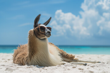 llama in sunglasses take a selfie on the beach. Beach holiday, vacation concept. Funny alpaca in a beach hat resting on the beach in summer close-up. Cute alpaca lama in a straw hat against the backgr - obrazy, fototapety, plakaty