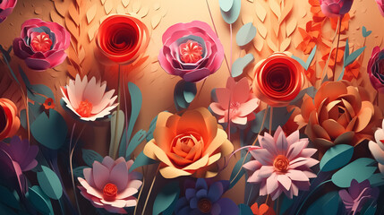 Fototapeta na wymiar Valentine's day background. Colorful paper cut flowers