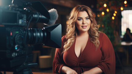 Fototapeta na wymiar Attractive plus size woman presenter of a TV channel. Blogger