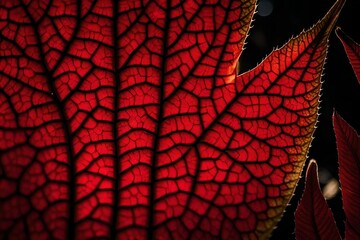  An exceptional close-up showcasing the fascinating details of a single red leaf. The flawless lighting captures its uniqueness, resulting in a super realistic and captivating