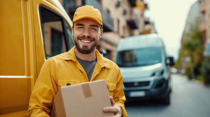 Delivery man in yellow cap and uniform holding a cardboard box near a van truck 