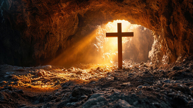 Cross in a cave in the rays of sun
