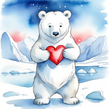 Romantic card with watercolor white polar bear holding red heart standing on snow with the  Arctic background behind it. Valentine's Day ai generated illustration.