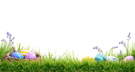 A blank template of three painted easter eggs in a birds nest and a line of eggs on the right celebrating a Happy Easter on green grass and isolated on transparent background.	