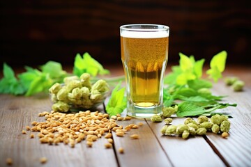 fresh hops and barley on bar beside beer glass