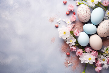 Fototapeta na wymiar A minimalist flat lay Easter composition with spring flowersand pastel-colored eggs on a textured concrete background.