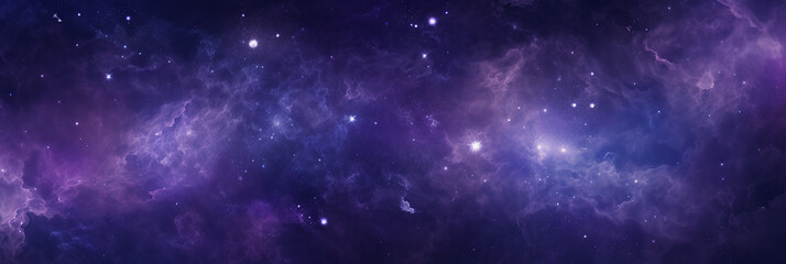 A wide panorama of a nebula, with swirling patterns of purple and blue gases, dotted with bright stars and darker regions of space dust.