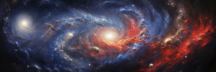 spiral galaxy, with swirling clouds of stars and vibrant nebulae in hues of blue and red, signifying cosmic chaos and beauty.