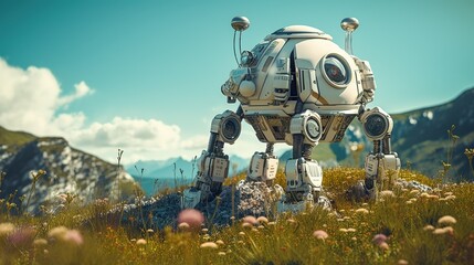 A robot exploring a natural landscape, showcasing the integration of technology with the environment