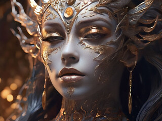 Portrait of a fantasy woman with gold makeup.