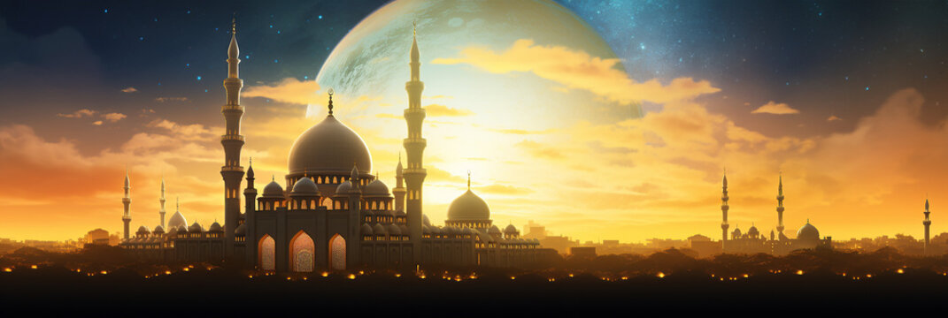 grand mosque with multiple minarets and a dome, silhouetted against a sunset sky with a giant crescent moon in the background