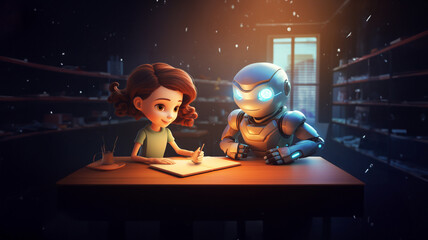 The robot helps the girl to do her homework. In cartoon style. AI generated - obrazy, fototapety, plakaty