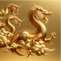 the minimalist realistic art illustrations of mythical gold dragons on a cloud, designed in a traditional Chinese style