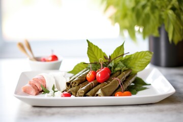 dolma platter with grape leaves on white dish