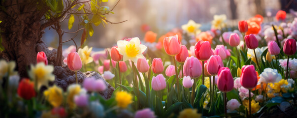 Background with delicate pink, white, red tulips, cheerful yellow daffodils in soft morning light symbolizes freshness of spring. Valentine's Day. Festive Easter background. Spring theme. Banner