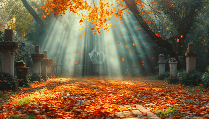 Ancient cemetery with light and shadow that represents the atmosphere of reflection and...
