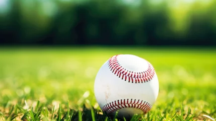 Fotobehang A baseball ball placed on natural grass. Baseball, sport concept © brillianata
