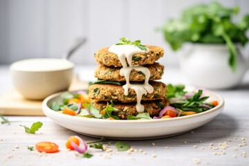 stacked falafel patties with a tahini sauce bowl