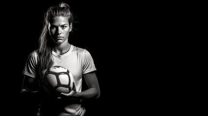 Black and white portrait of a blonde caucasian football woman player holding a ball on black background with copy space design
