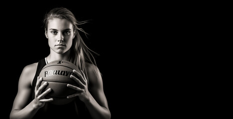 Black and white portrait of blonde caucasian basketball woman player holding a ball on black background with copy space design