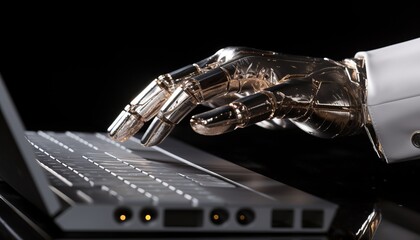 Artificial intelligence robotic hand using advanced technology to type on laptop keyboard