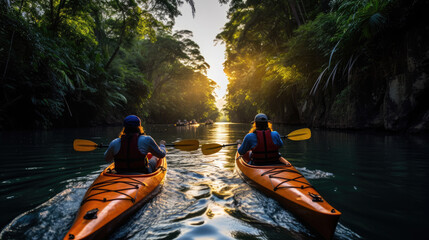 A group of friends enjoying fun and kayaking exploring the calm river