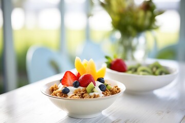 fruit salad with granola topping in a morning setup