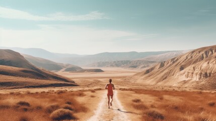 young woman running in a serene and minimalist landscape, panorama sport banner, pro training in nature for a marathon, motivation concept wallpaper. - obrazy, fototapety, plakaty