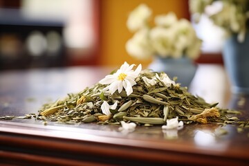 dried green tea leaf pile with a white floral accent