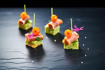 guacamole canapes on a slate board for a party
