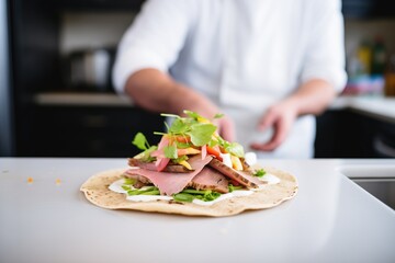 chef assembling a gyro pita with fresh toppings