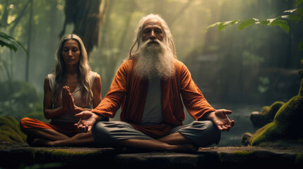 Beautiful elderly couple are doing yoga in the jungle. Healthy lifestyle in old age