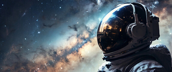 The Astronaut in a silhouette double exposure. In the background is the Milky Way galaxy. Stylish in the style of double exposure