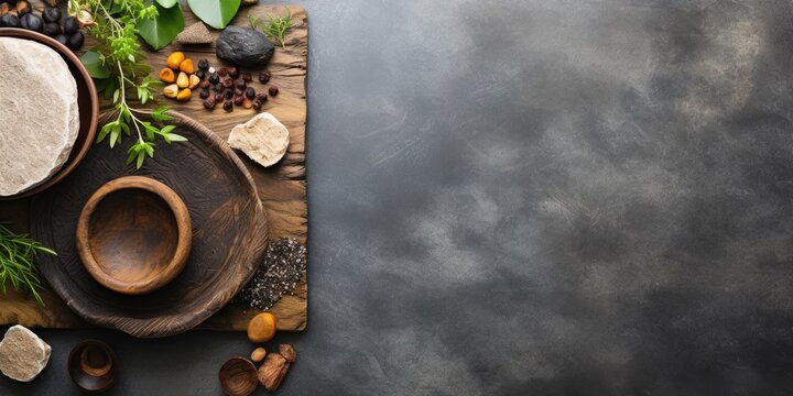 Rustic Kitchen Setting With Stone Molcajetes And Cutting Board On Wooden Table, Viewed From Above.