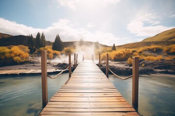wooden walkway leading to a geothermal hot spring pool - Powered by Adobe