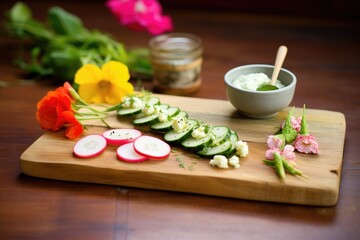 Obraz na płótnie Canvas mini cucumbers, radishes, and hummus on a rustic wooden board