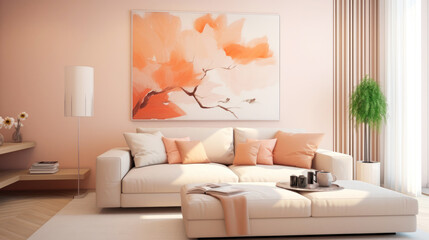 Peach fuzz is the color of the year 2024. Interior with a delicate peach color.
