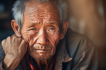 Closeup portrait of old asian man. An old man lost in thought.