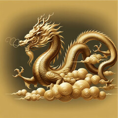 Fototapeta premium the minimalist realistic art illustrations of mythical gold dragons on a cloud, designed in a traditional Chinese style