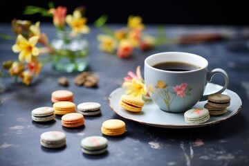 Fototapeta na wymiar assorted macarons on slate with coffee cup