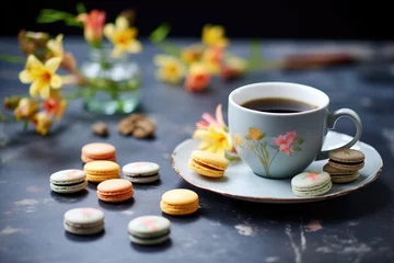 Keuken spatwand met foto assorted macarons on slate with coffee cup © altitudevisual