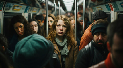 Urban Travel Hustle: Woman Riding the Packed Subway, generative ai - obrazy, fototapety, plakaty